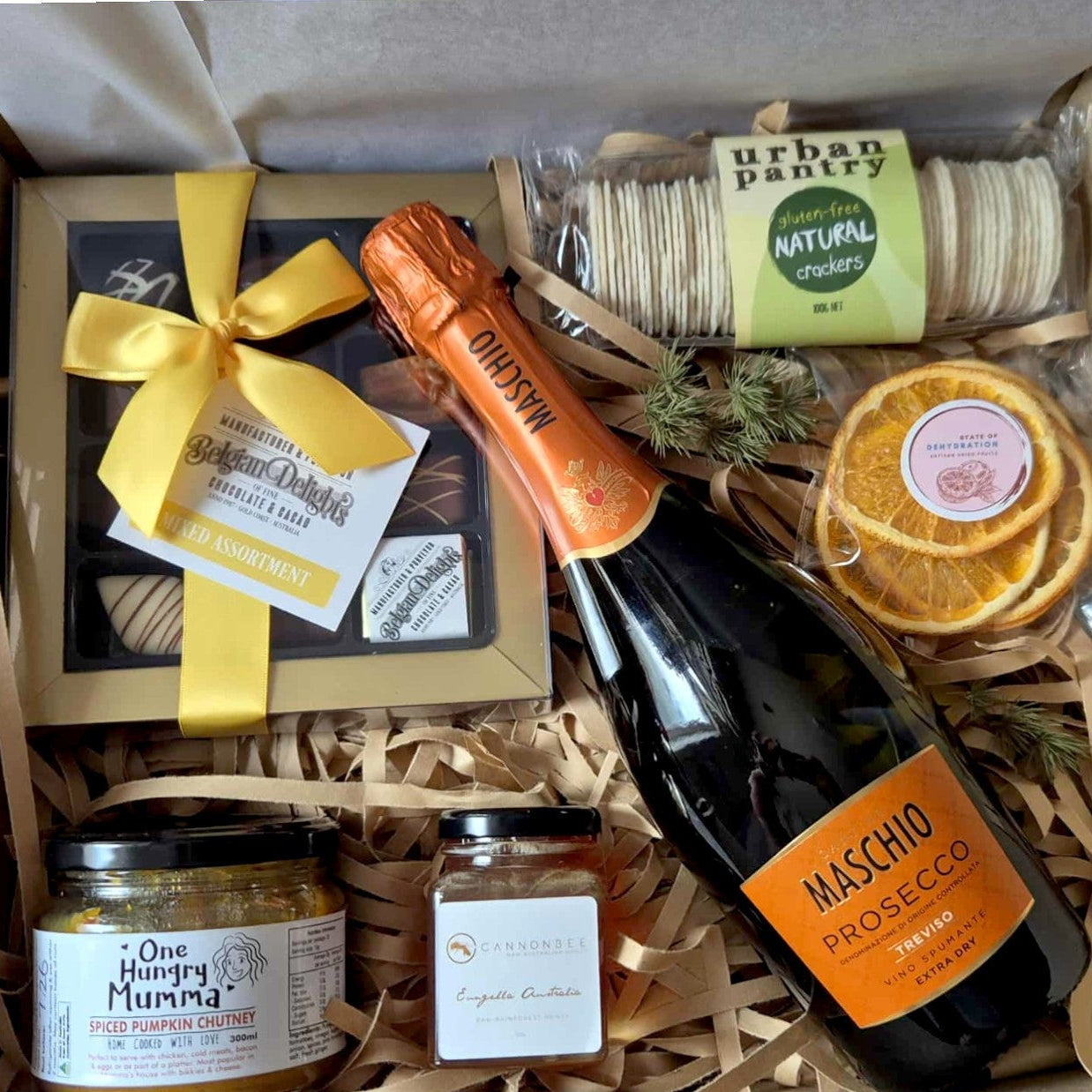 Gift box with Prosecco, snacks, and other items from Urban Pantry
